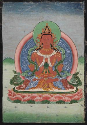 Vintage Amitayus Buddha With Soft Colors | Red Buddha | Original Hand-Painted Tibetan Thangka